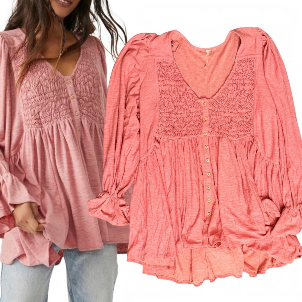 Free People Tunic New You Smocked Button Down Rose Pink Small